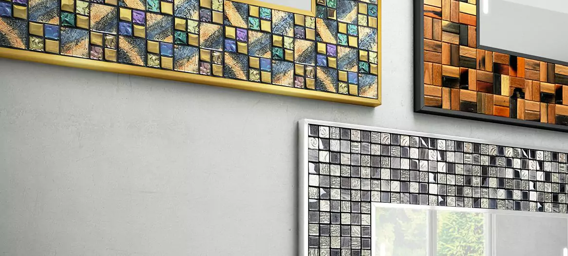 Colorful mosaic frame design on a wall.