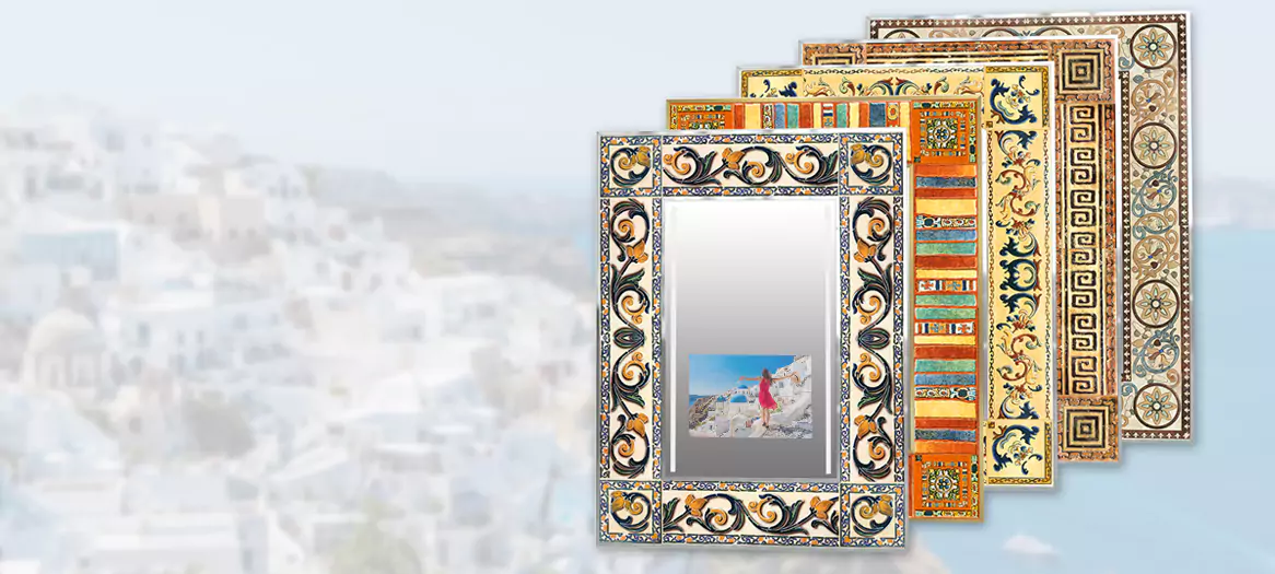 Five different art designs of mirror TV frames.