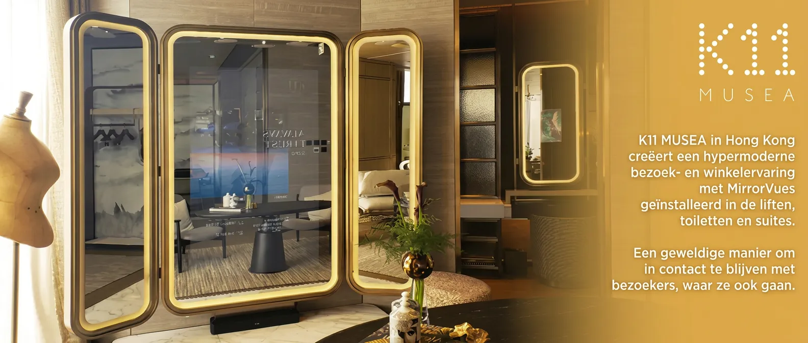 Trifold unique lighted mirror TV in K11 Musea with a plastic mannequin on the left side.