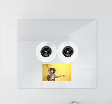 Regular speakers with a girl playing a guitar.