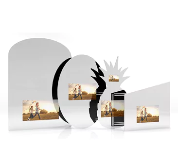 Four different custom-shaped mirror TVs in a white space.